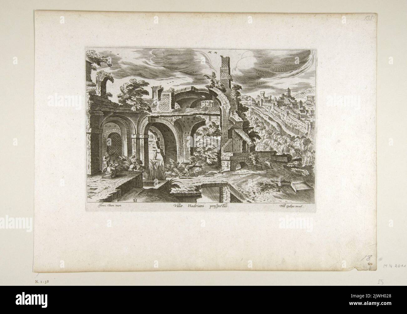 Landscape with ruins of Hadrian’s villa; in the foreground, on the left - the sitting drawer. `Villae Hadriani prospectus`.. Galle, Theodor (1571-1633), graphic artist, Galle, Philips (1537-1612), graphic artist, Cleve, Hendrick van, III (ca 1525-1589), draughtsman, cartoonist Stock Photo